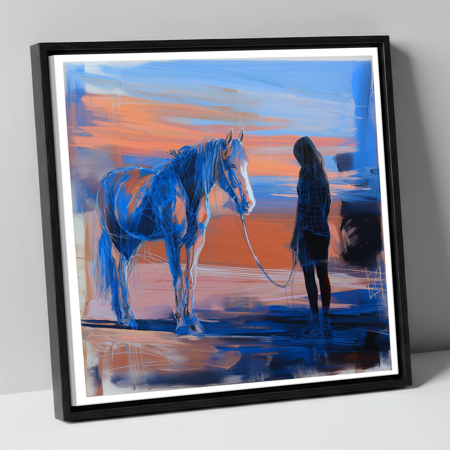 The Quiet Language horse & rider canvas wall art in black frame