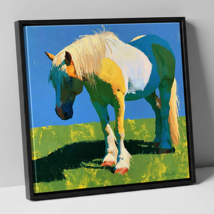 Colourful Cob in Summer Sunlight horse breed canvas wall art in black frame