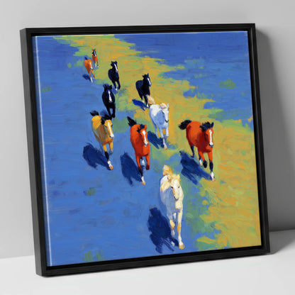 Sunlit Azure Gallop wild horses canvas wall art in black frame