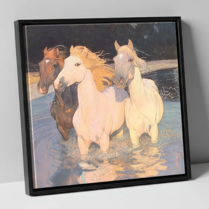 Three in the Shallows wild horses canvas wall art in black frame