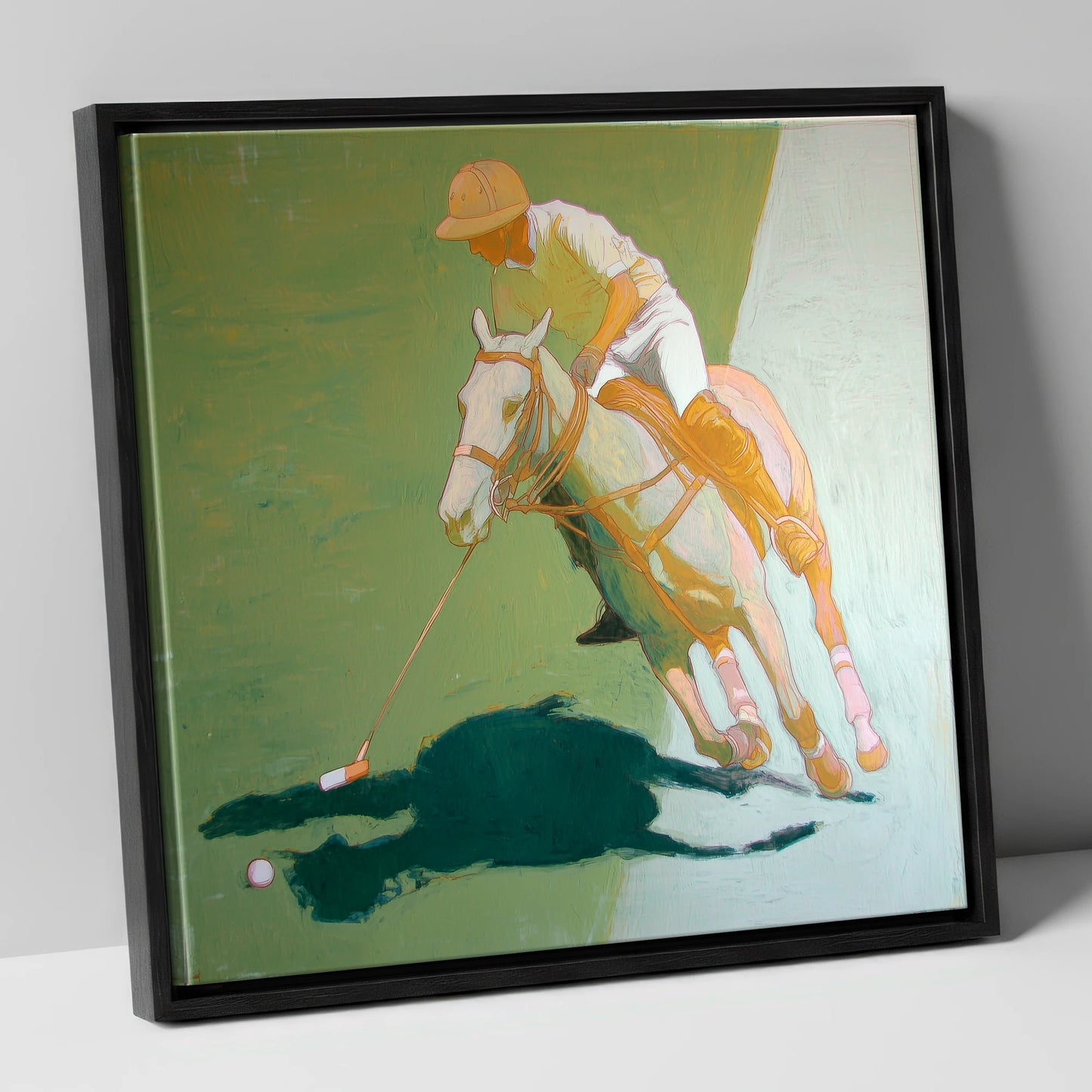The Decisive Strike polo horse canvas wall art in black frame