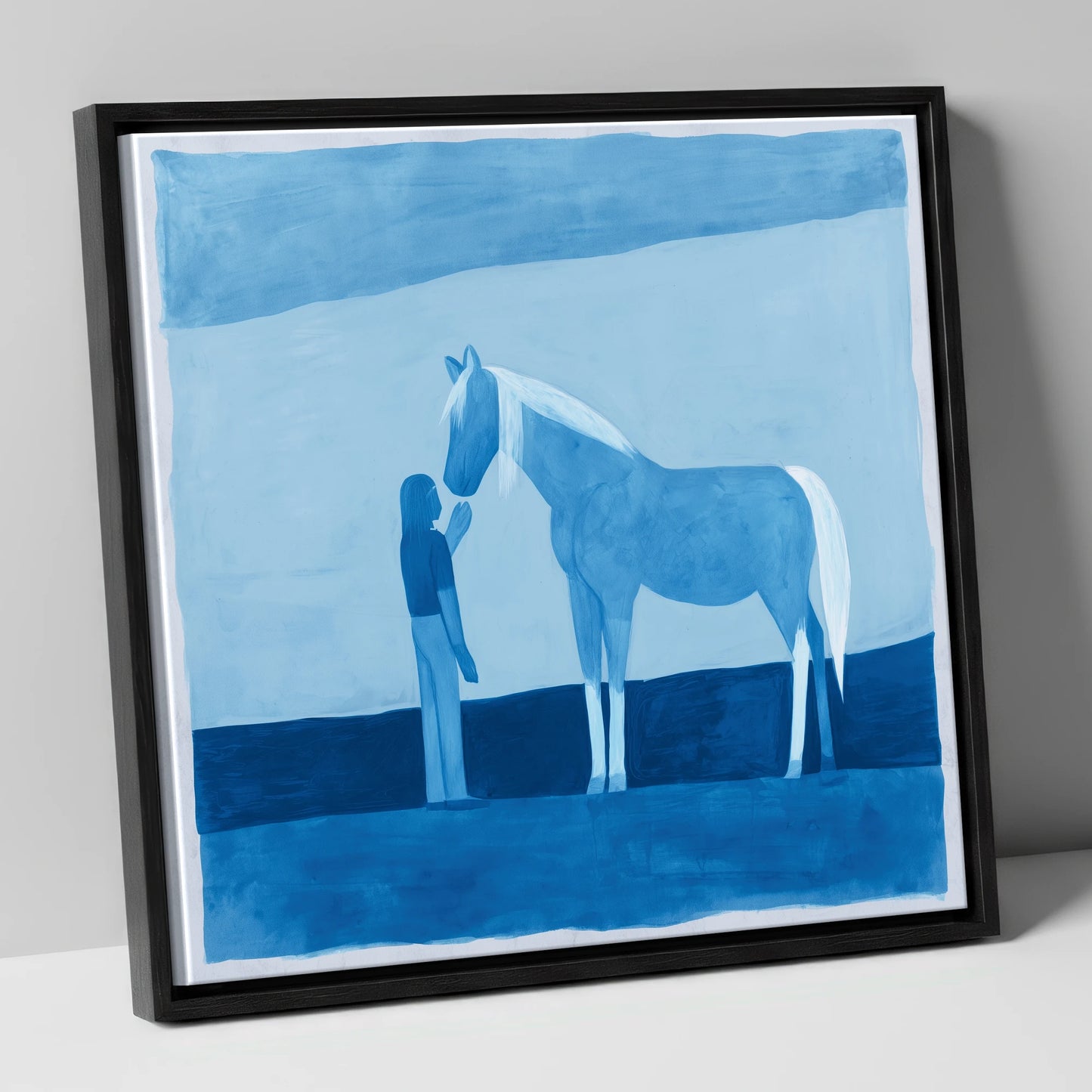 Cerulean Bond horse & rider canvas wall art in black frame
