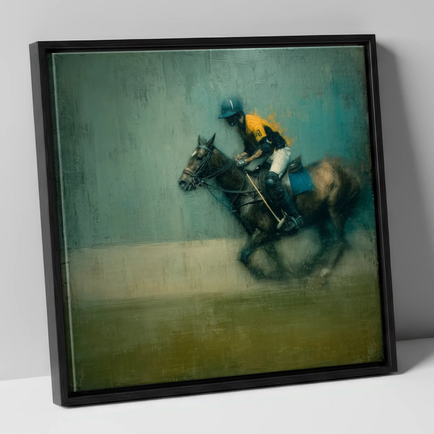 The Decisive Chukka polo horse canvas wall art in black frame