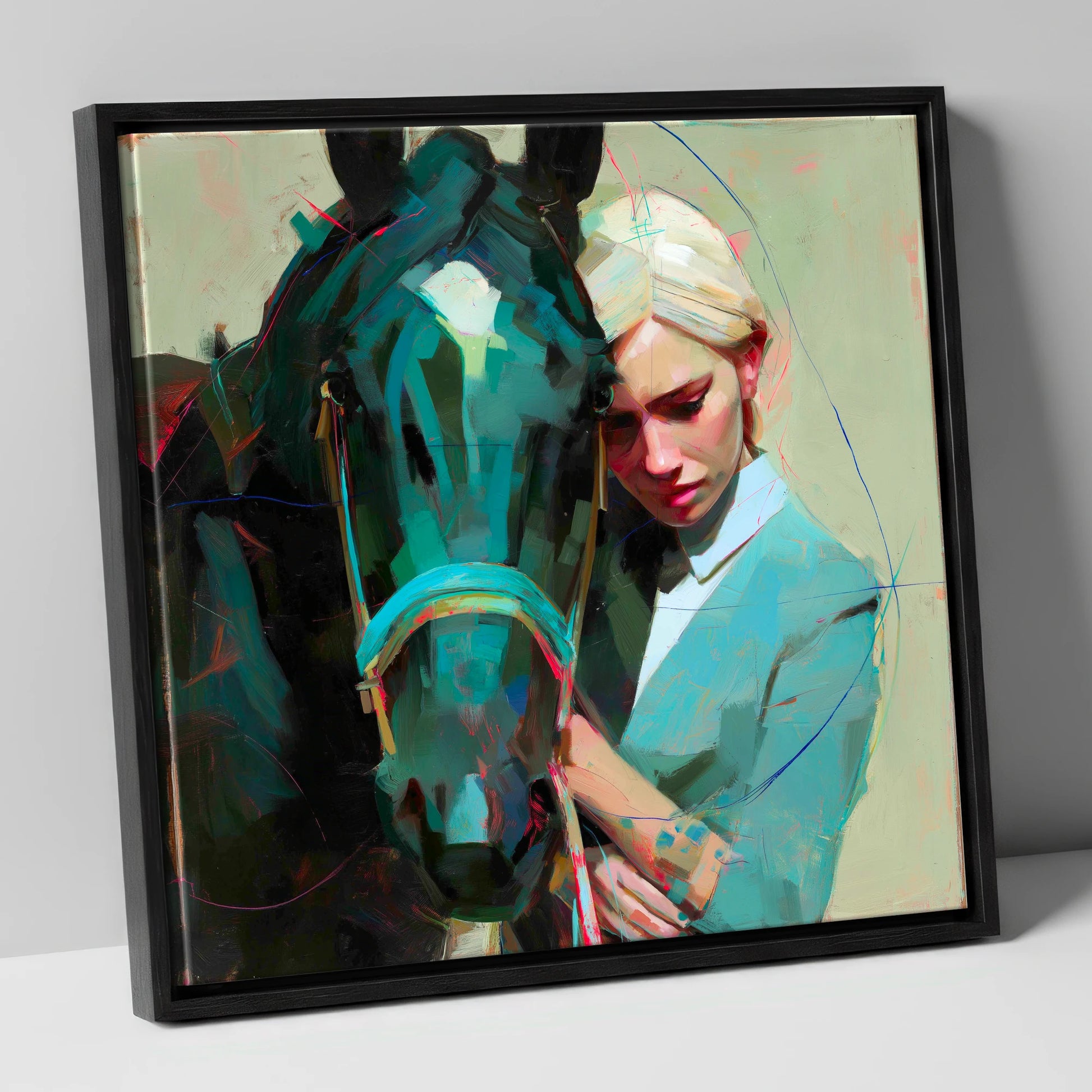 Silent Understanding horse & rider canvas wall art in black frame