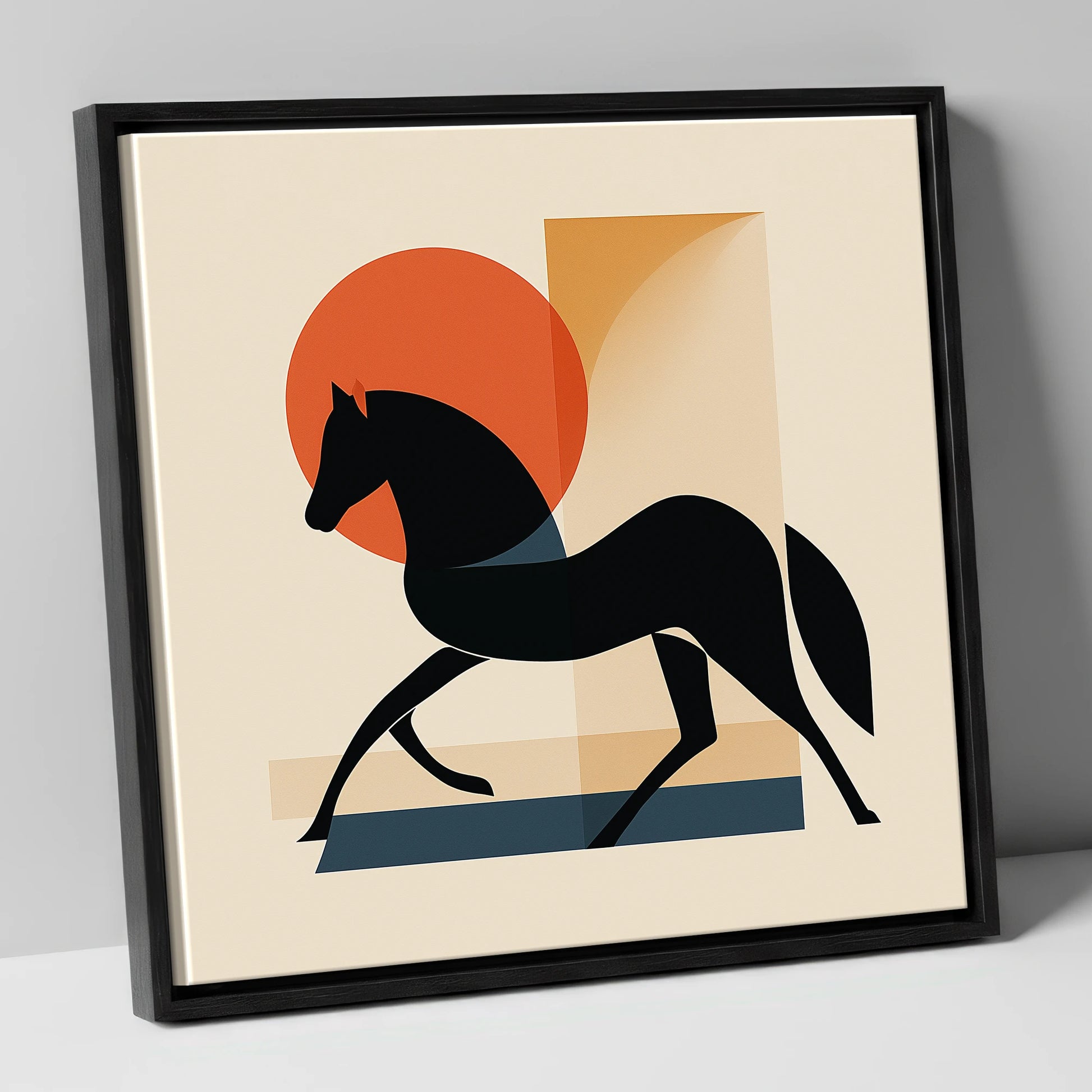 Mid-Century Equine Silhouette horse portrait canvas wall art in black frame