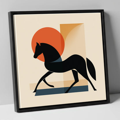 Mid-Century Equine Silhouette horse portrait canvas wall art in black frame
