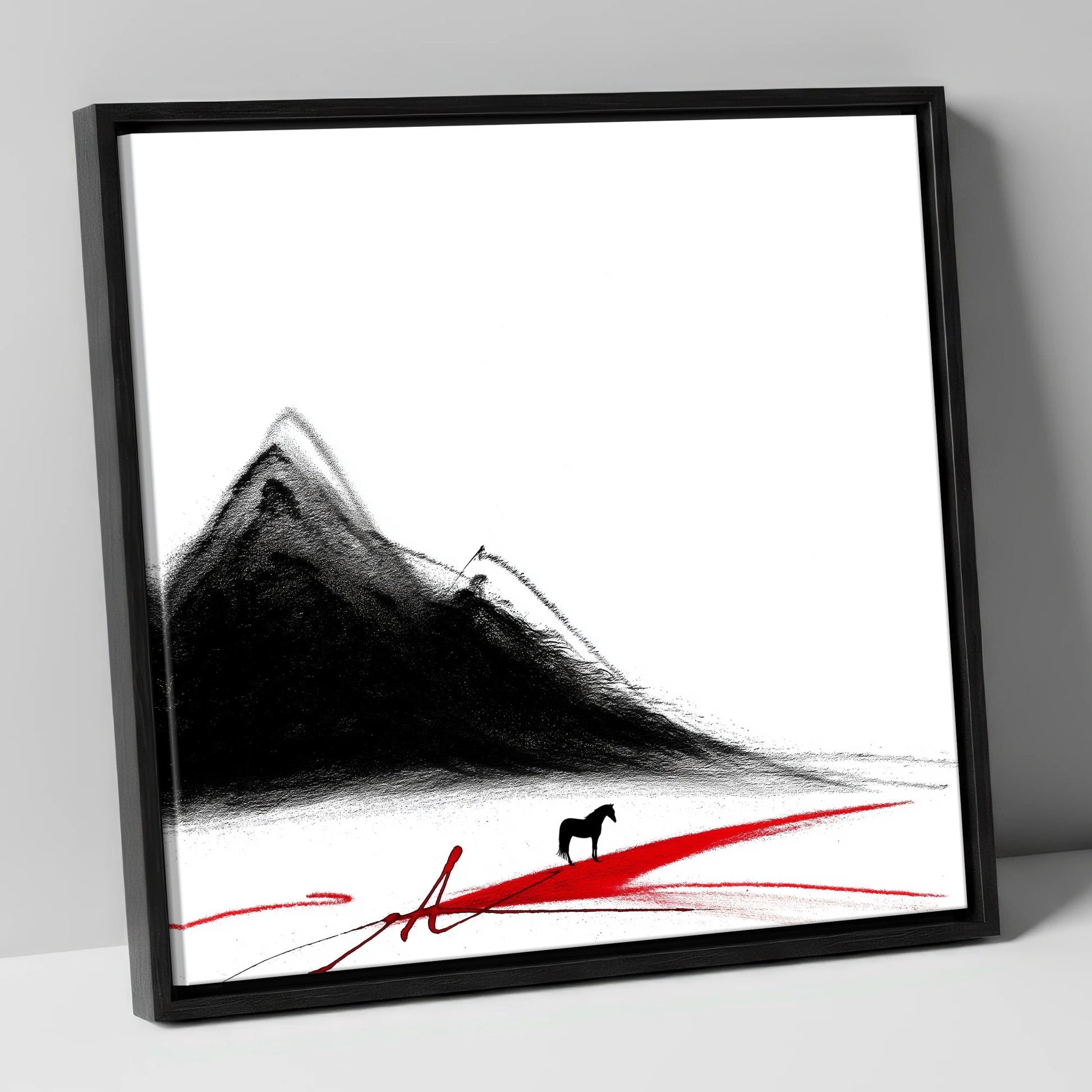 Crimson Path Silhouette horse landscape canvas wall art in black frame