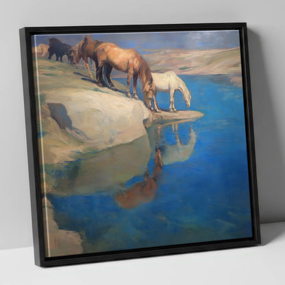 The Azure Watering Hole wild horses canvas wall art in black frame