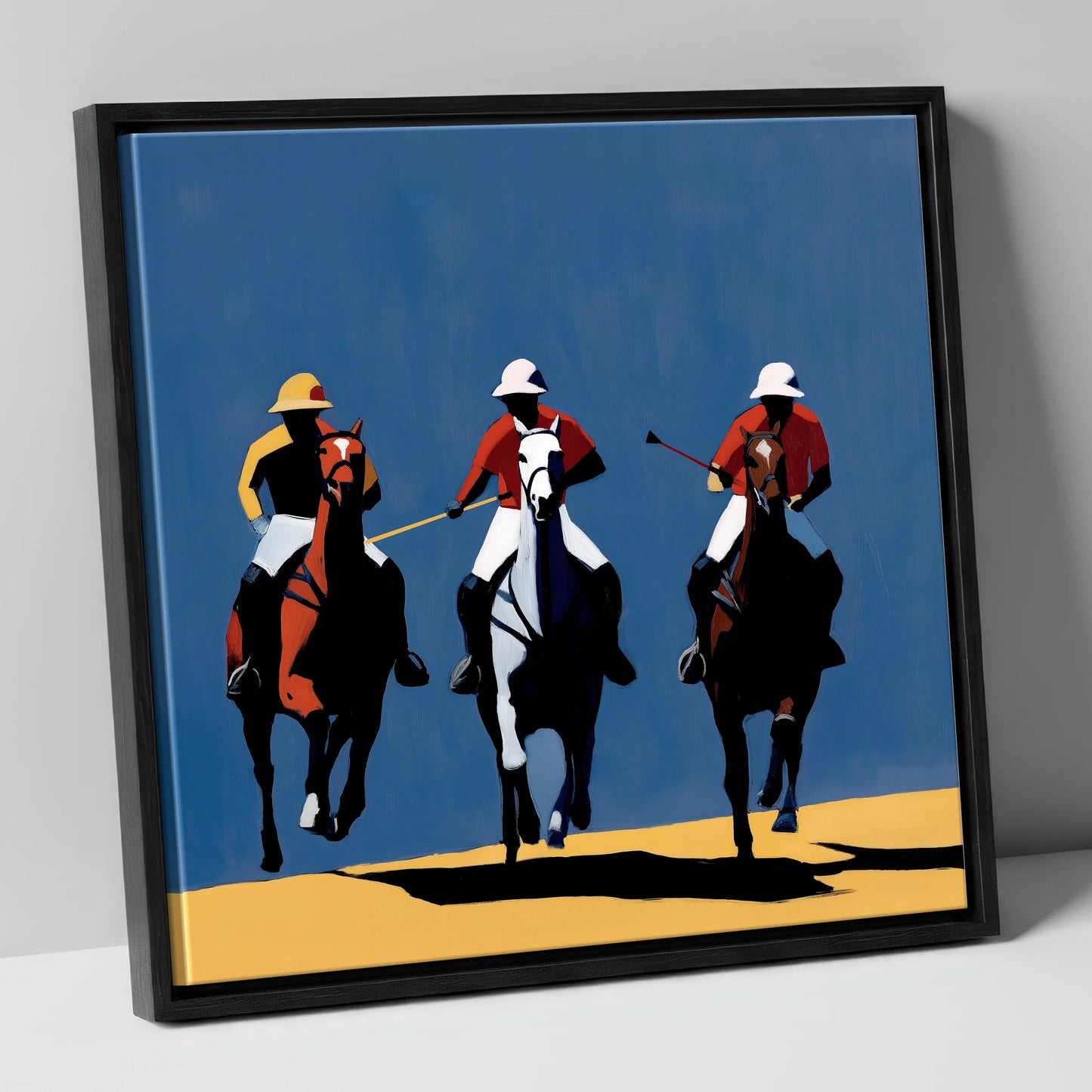 High Goal Charge polo horse canvas wall art in black frame