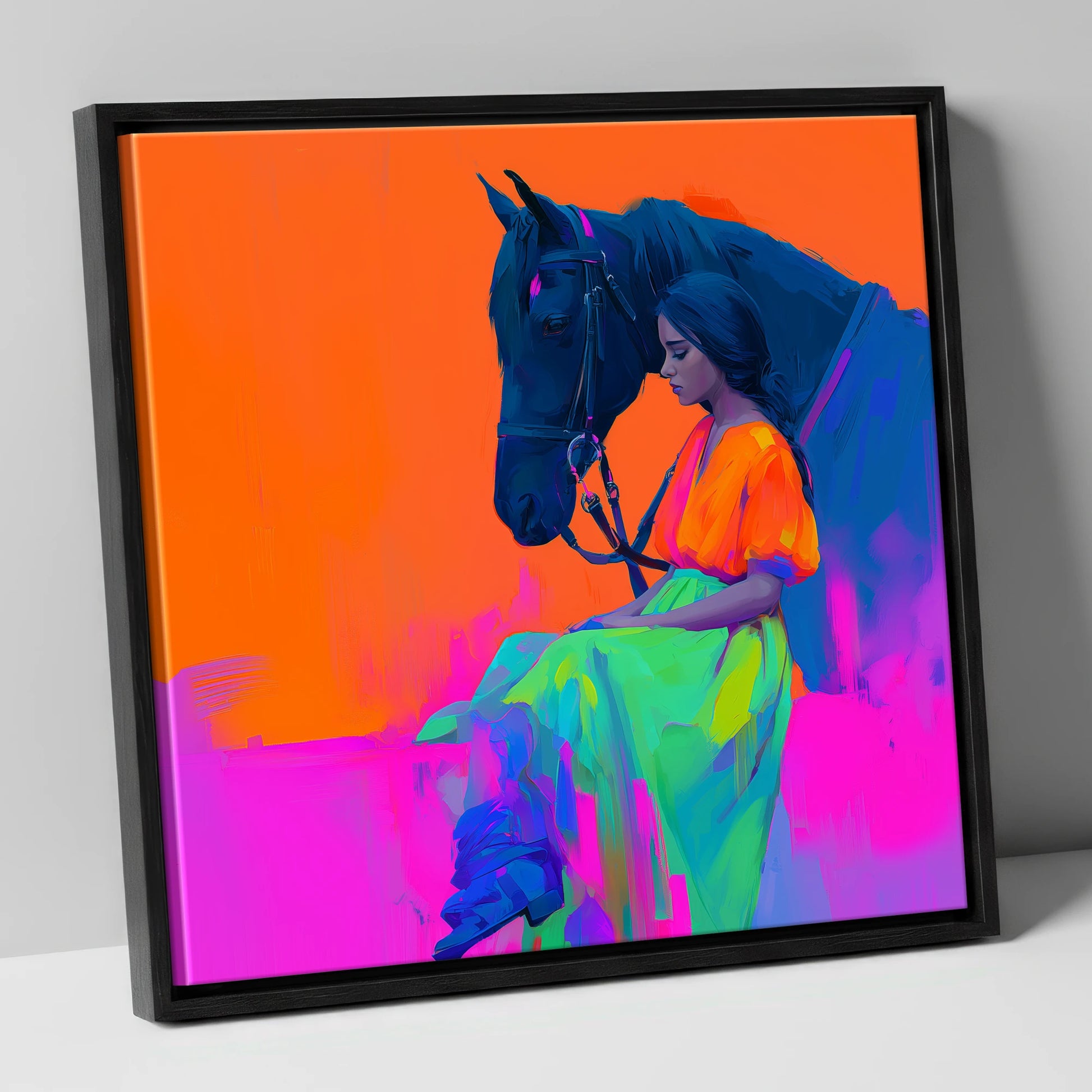 Vivid Connection horse & rider canvas wall art in black frame