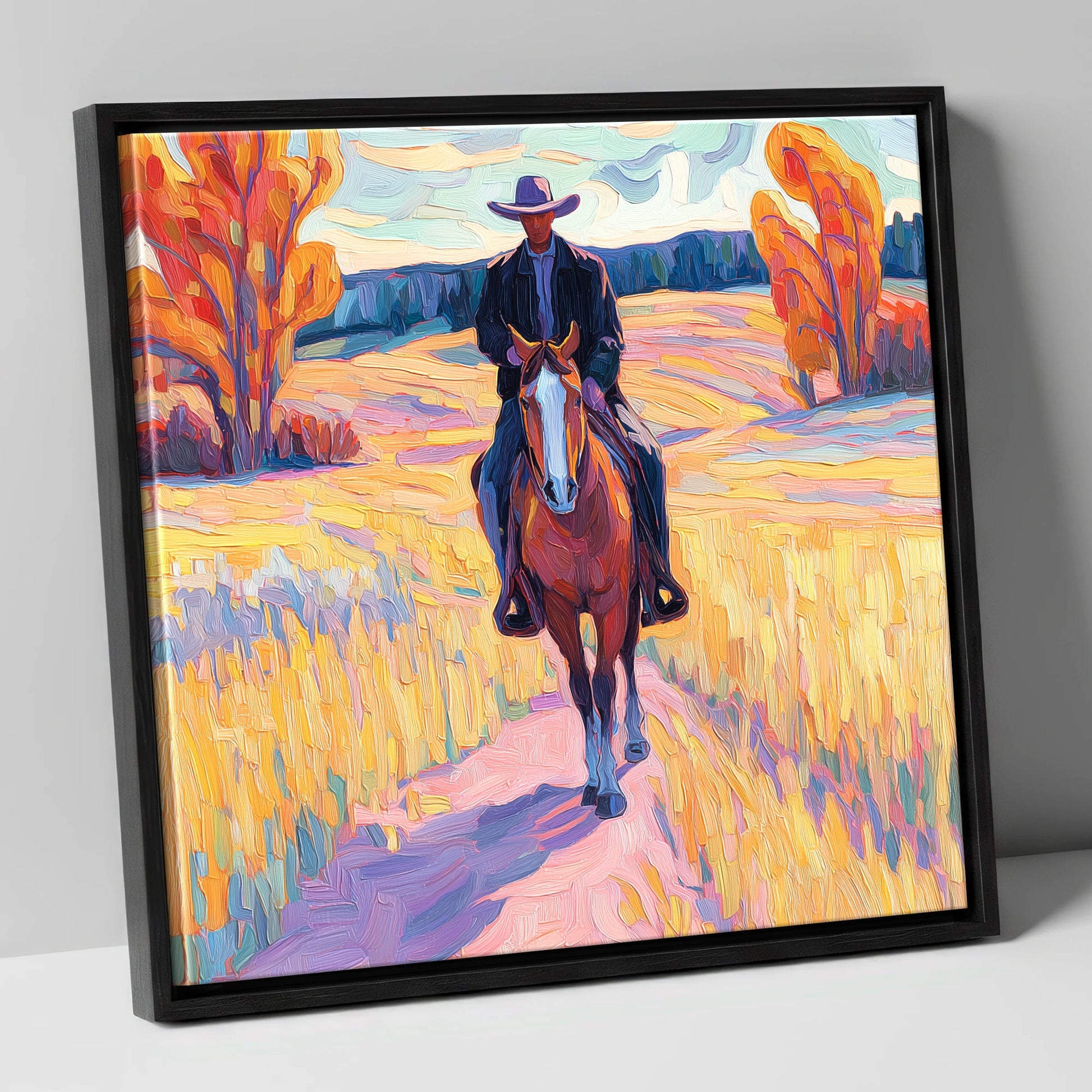 Vibrant Western Trail western horse canvas wall art in black frame
