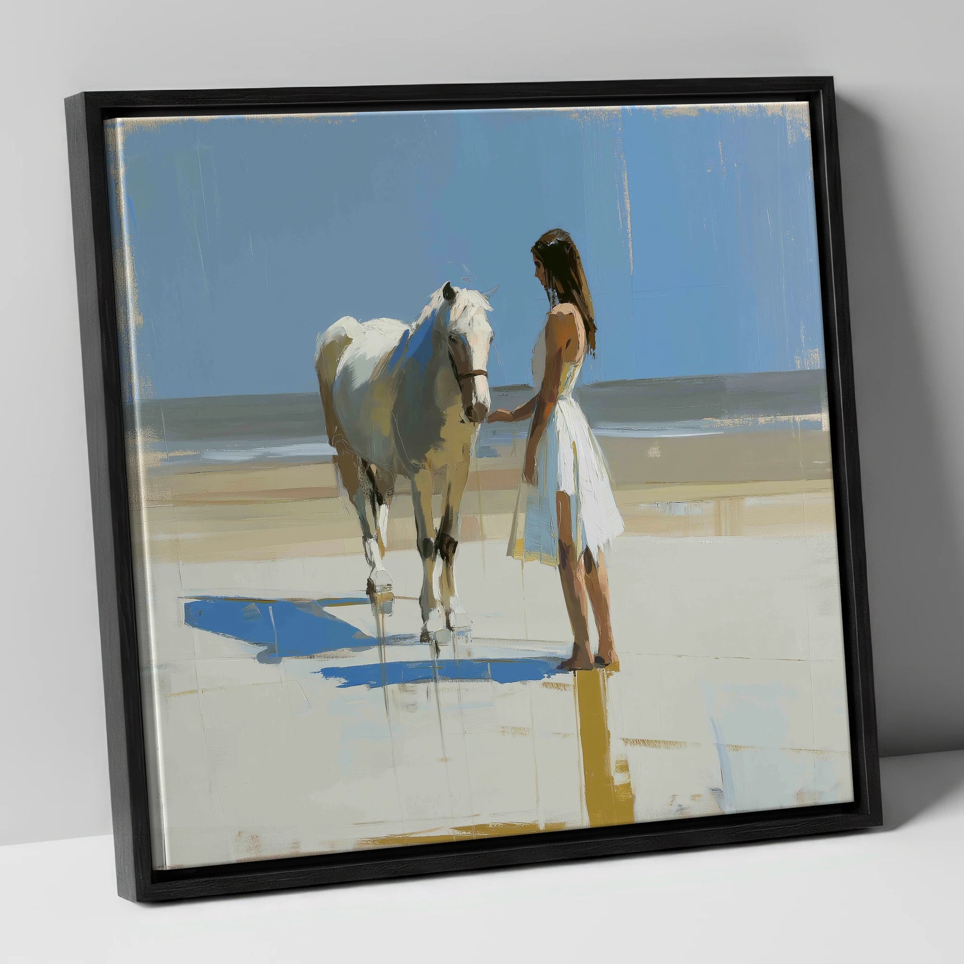 Serenity at Tide's Edge horse & rider canvas wall art in black frame