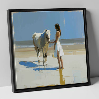 Serenity at Tide's Edge horse & rider canvas wall art in black frame