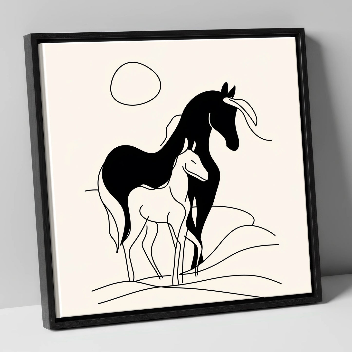 Silhouette of Devotion mare & foal canvas wall art in black frame