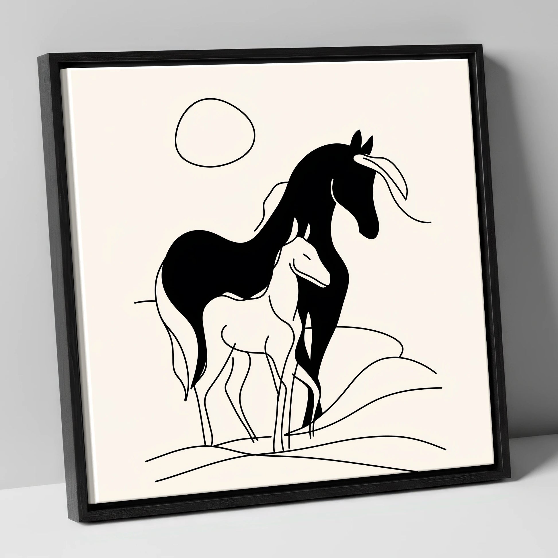 Silhouette of Devotion mare & foal canvas wall art in black frame