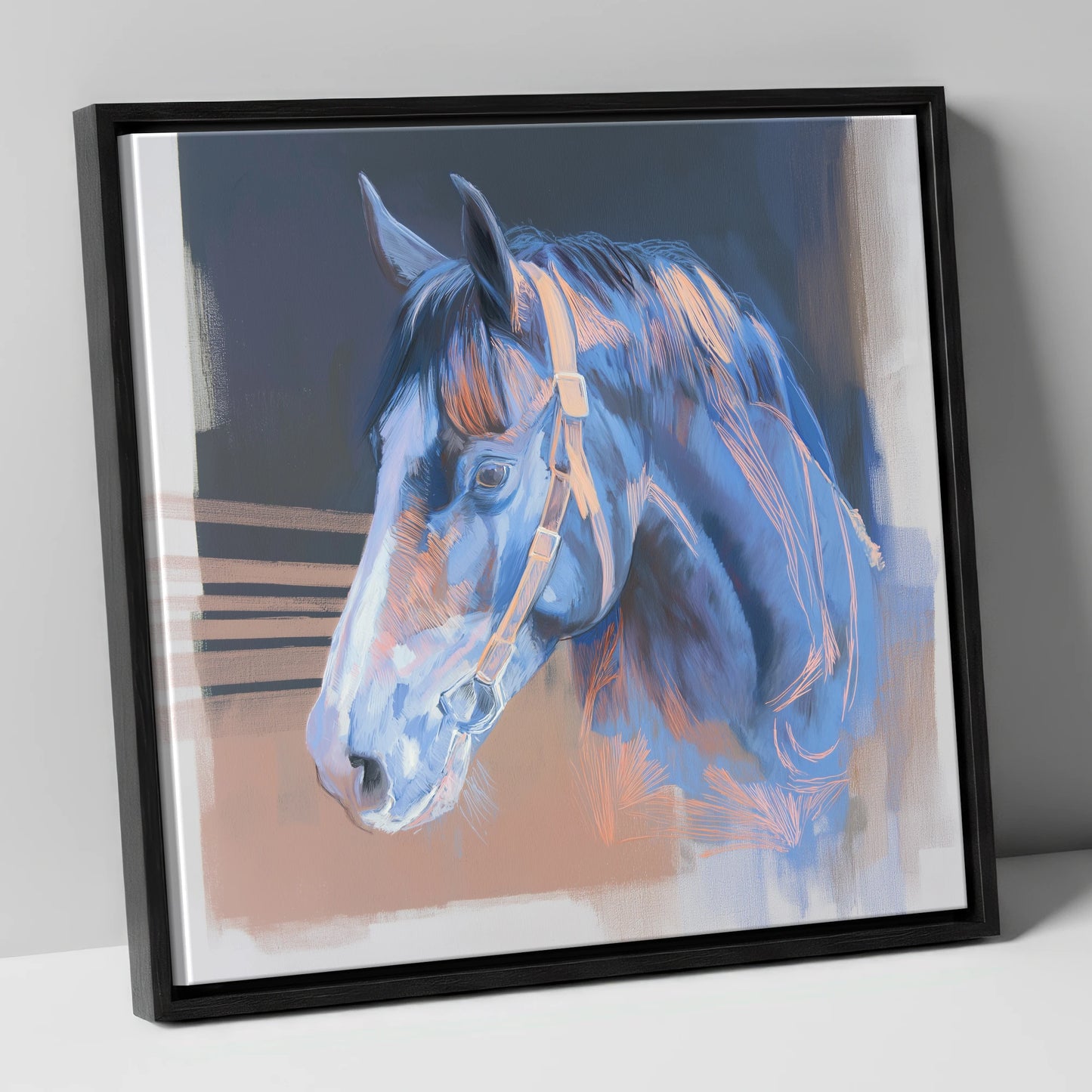 Serene Blue Profile horse portrait canvas wall art in black frame