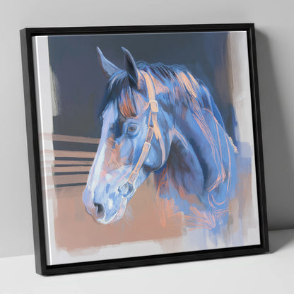 Serene Blue Profile horse portrait canvas wall art in black frame