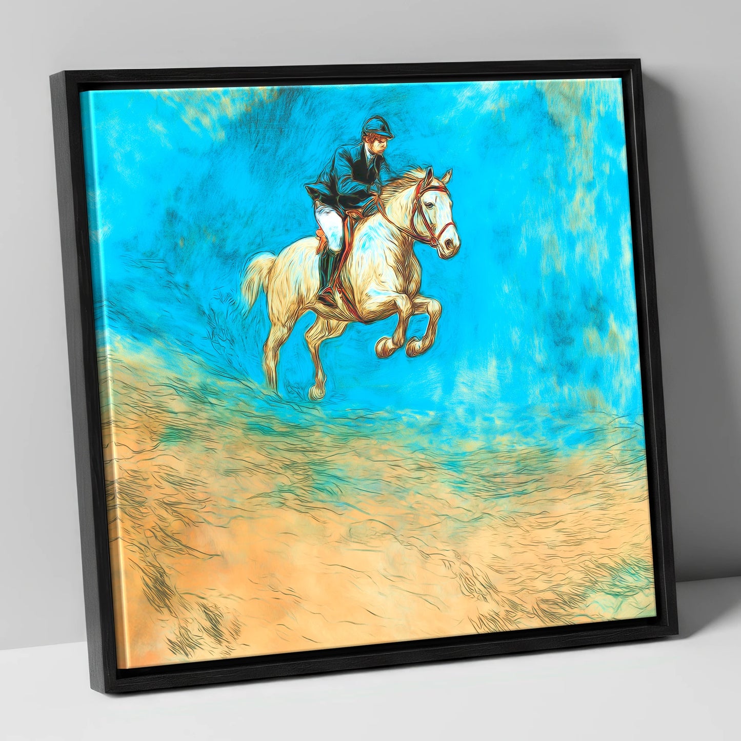 Flight in Cerulean show jumping horse canvas wall art in black frame