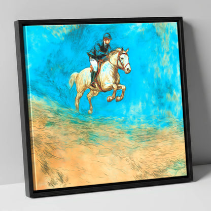 Flight in Cerulean show jumping horse canvas wall art in black frame