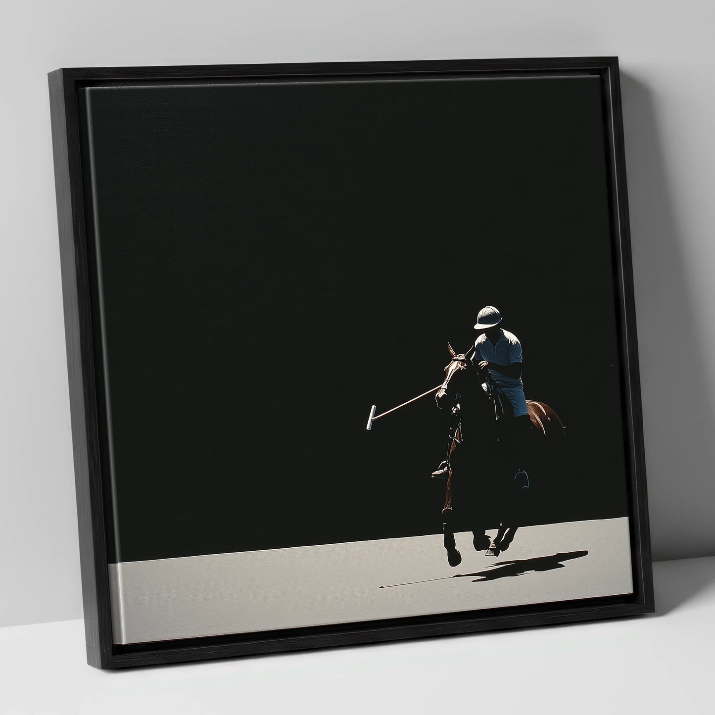 Shadows of the Chukka polo horse canvas wall art in black frame