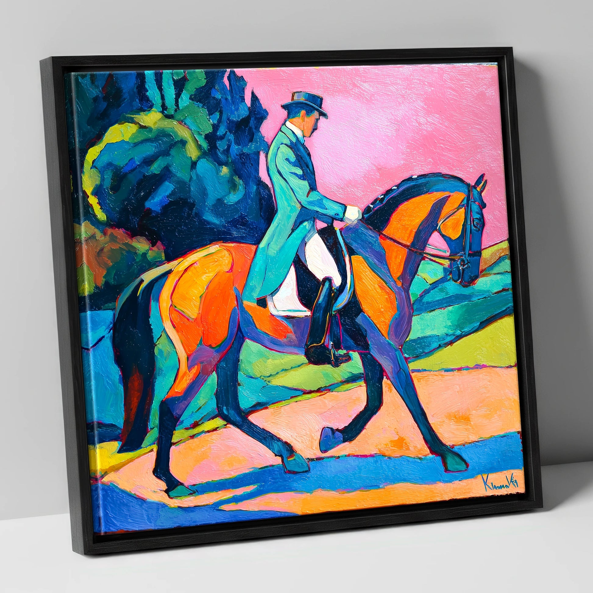 Bold Dressage Harmony dressage horse canvas wall art in black frame