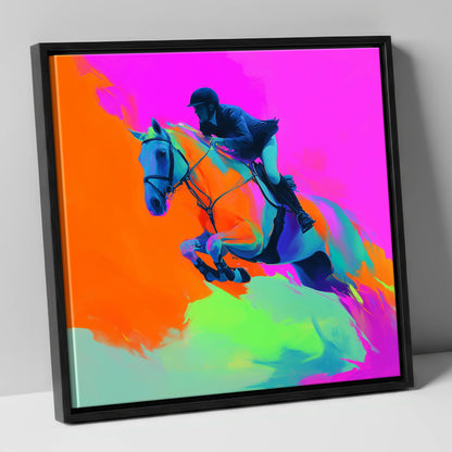 Technicolour Flight show jumping horse canvas wall art in black frame