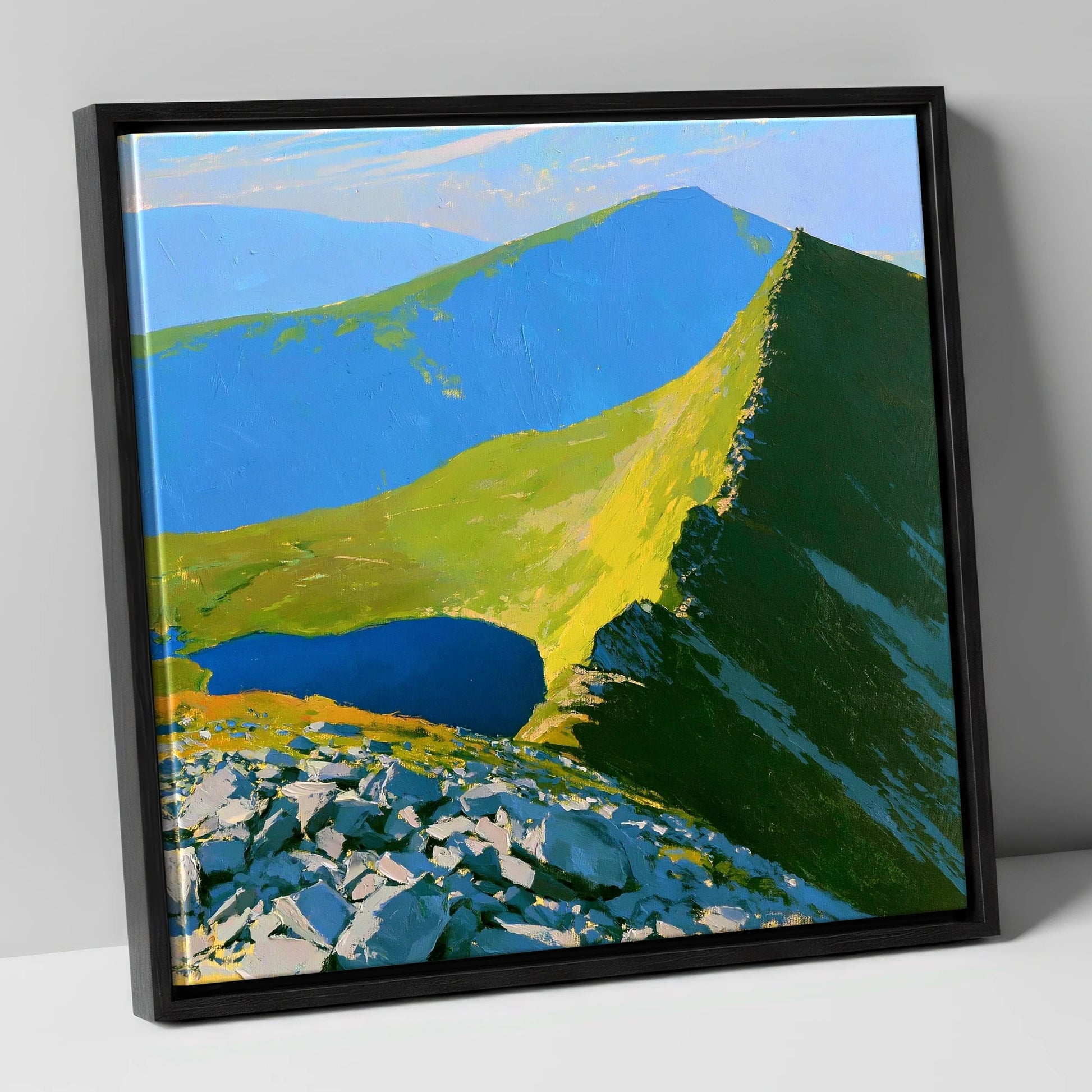 Vibrant Mountain Tarn Landscape horse landscape canvas wall art in black frame