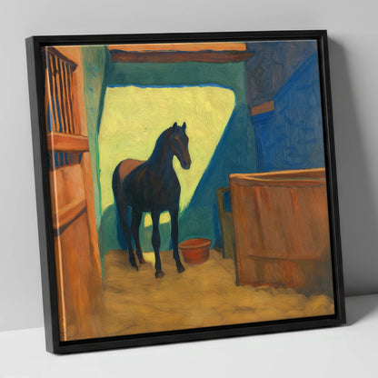 The Sunlit Stall horse stable canvas wall art in black frame
