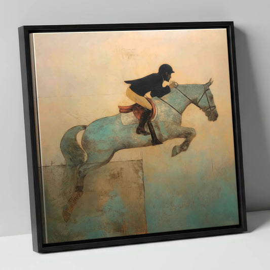Turquoise Flight show jumping horse canvas wall art in black frame