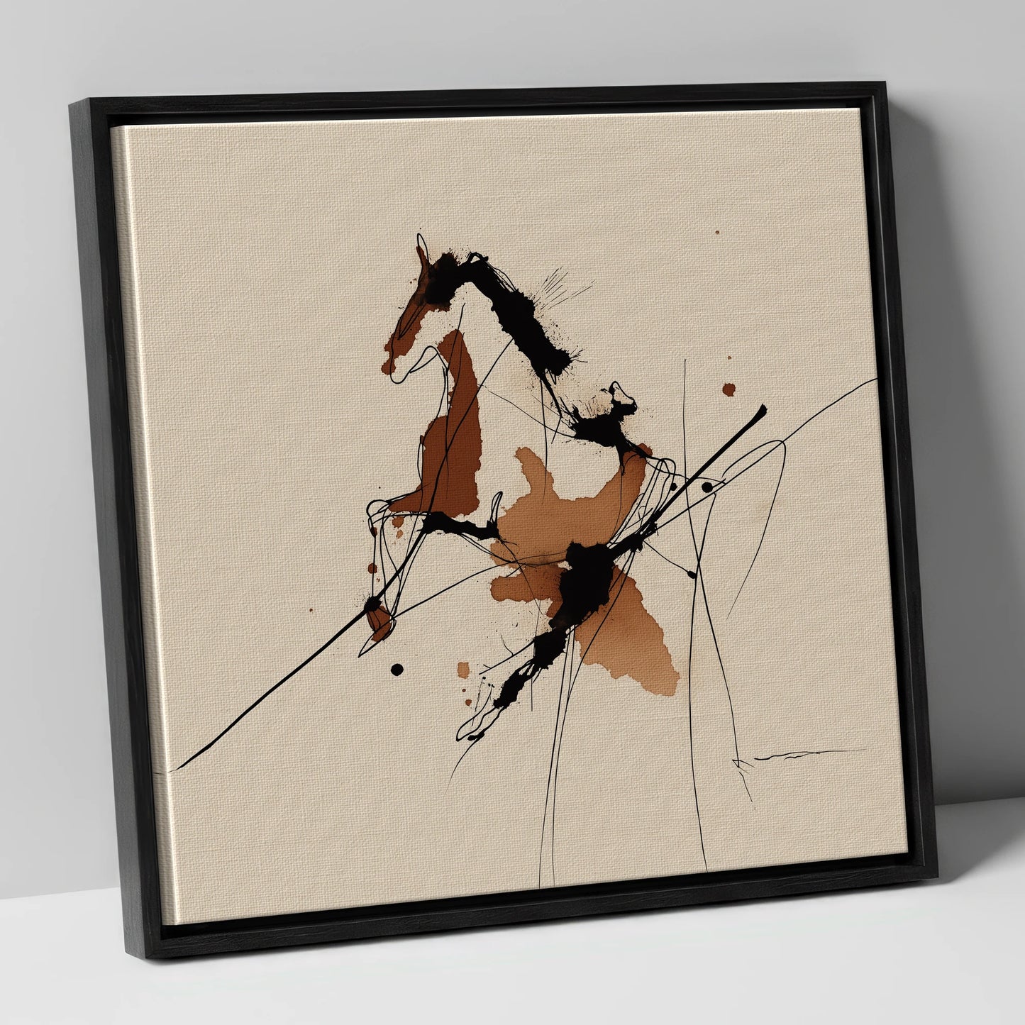 Abstract Rearing Stallion horse portrait canvas wall art in black frame