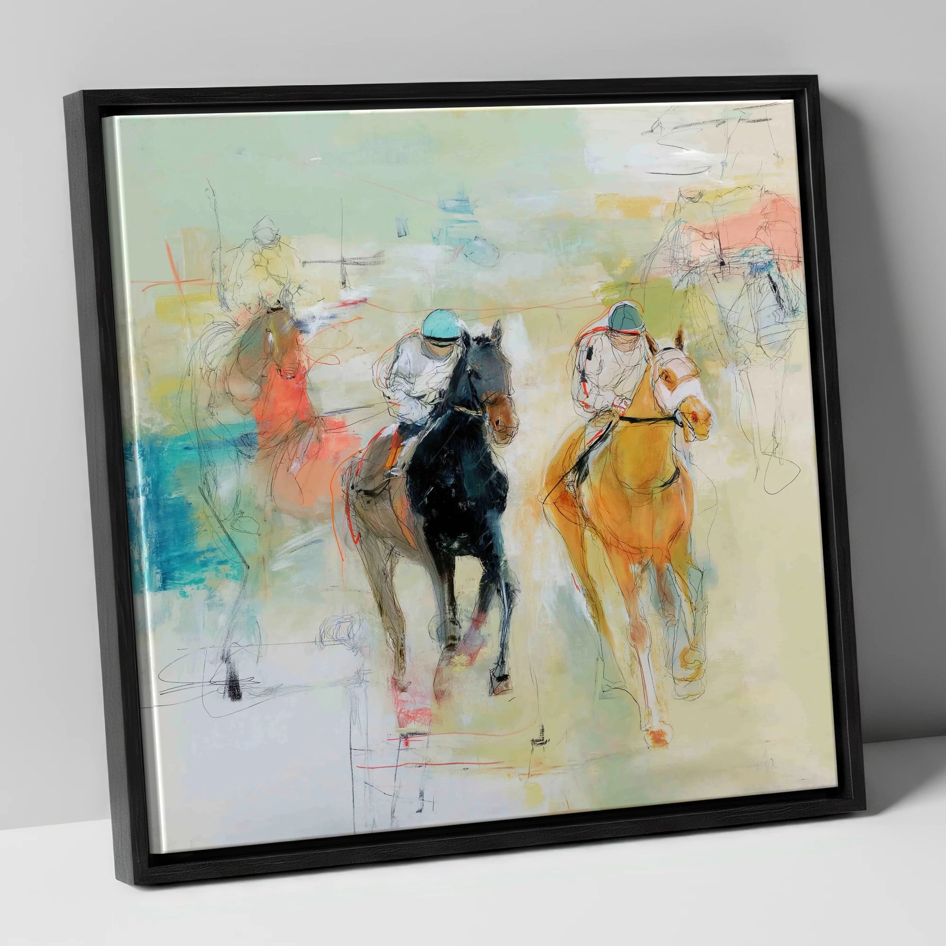 Thundering Strides racing horse canvas wall art in black frame