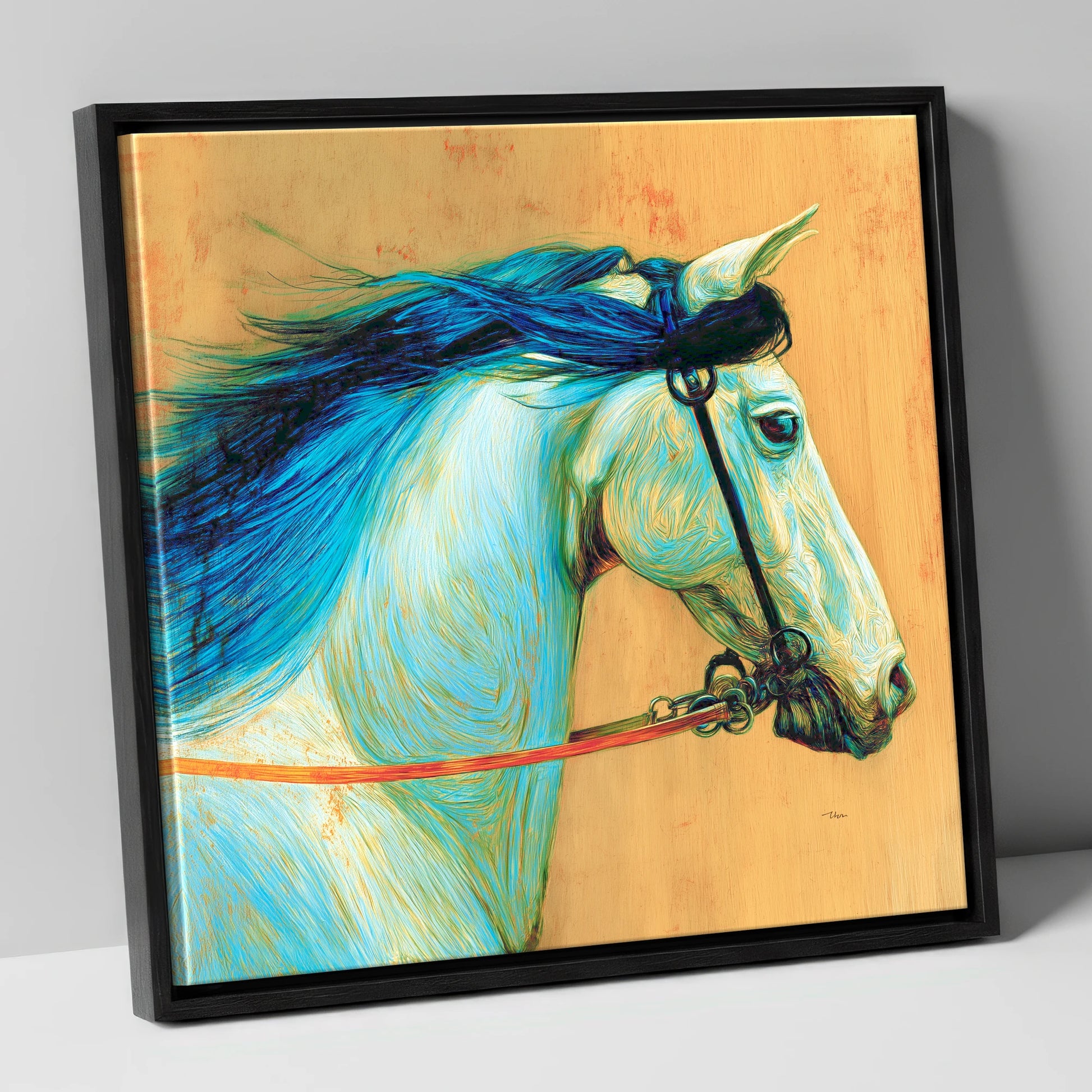 Cerulean Spirit horse portrait canvas wall art in black frame