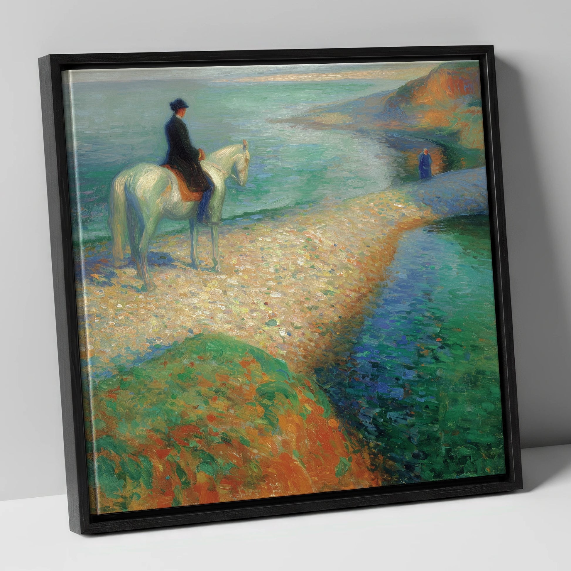 Luminous Coastal Hack beach horse canvas wall art in black frame