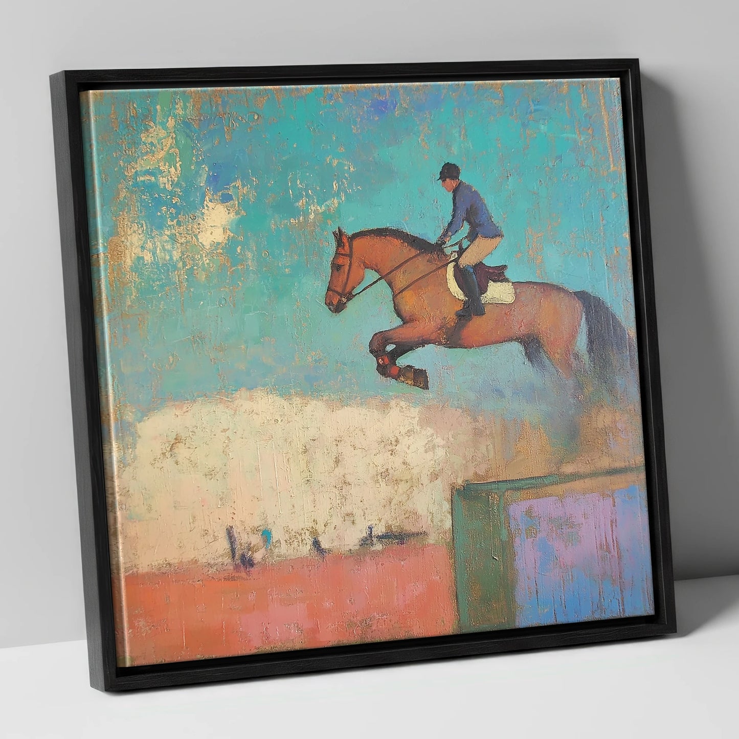 Taking Flight show jumping horse canvas wall art in black frame