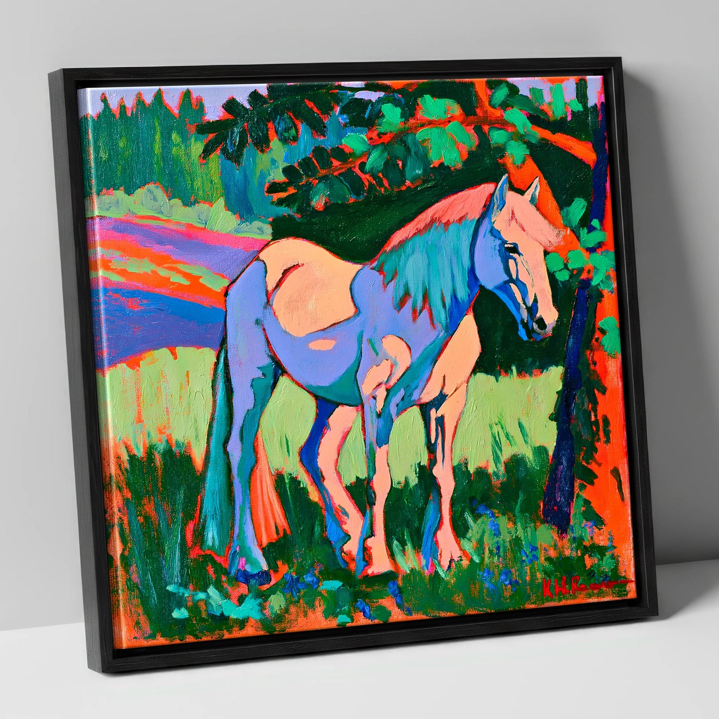 Vibrant Blue Horse Under Tree horse breed canvas wall art in black frame