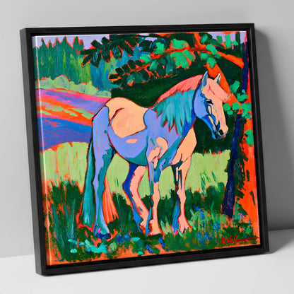 Vibrant Blue Horse Under Tree horse breed canvas wall art in black frame