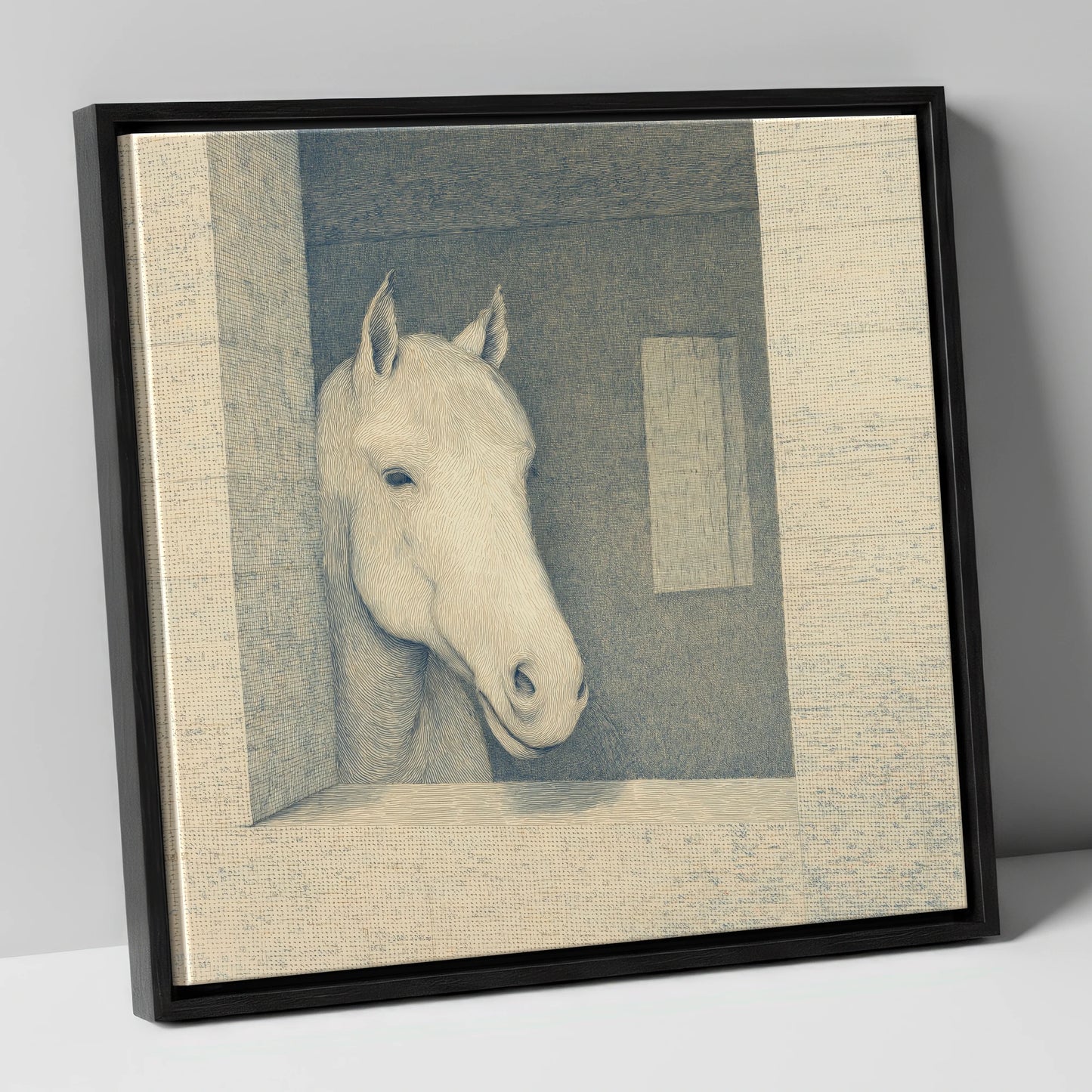 The Quiet Observer horse stable canvas wall art in black frame