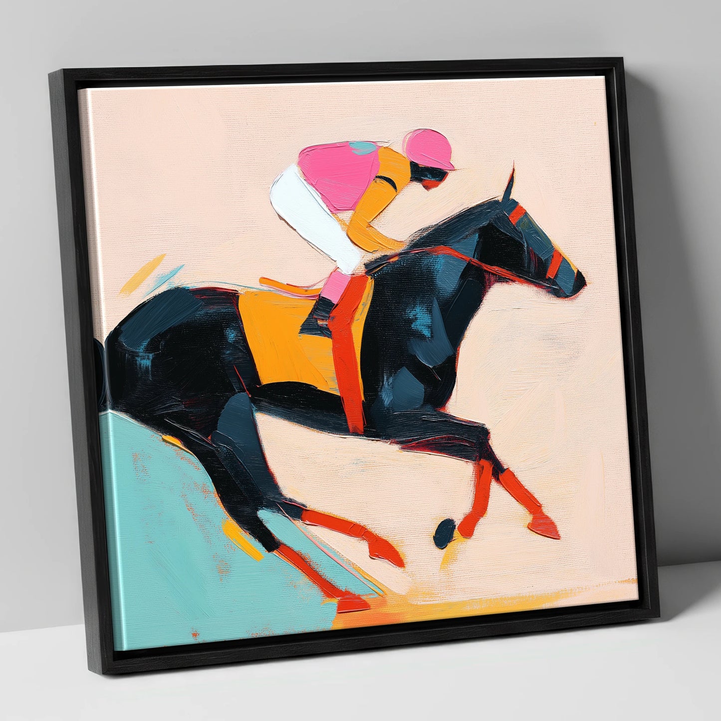 Vivid Racing Spirit racing horse canvas wall art in black frame