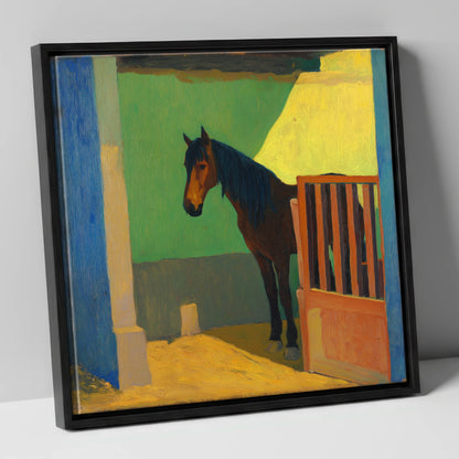 Vibrant Stable Light horse stable canvas wall art in black frame