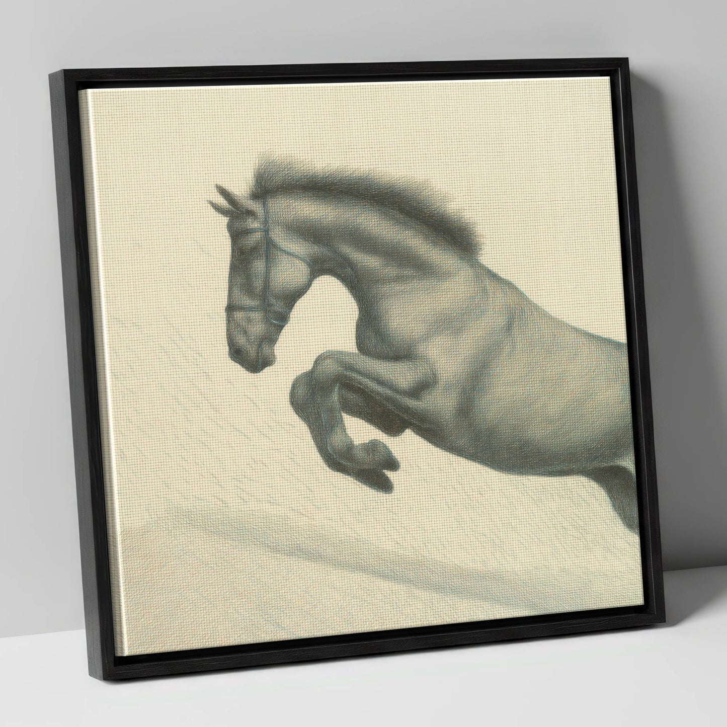 Etched in Flight show jumping horse canvas wall art in black frame