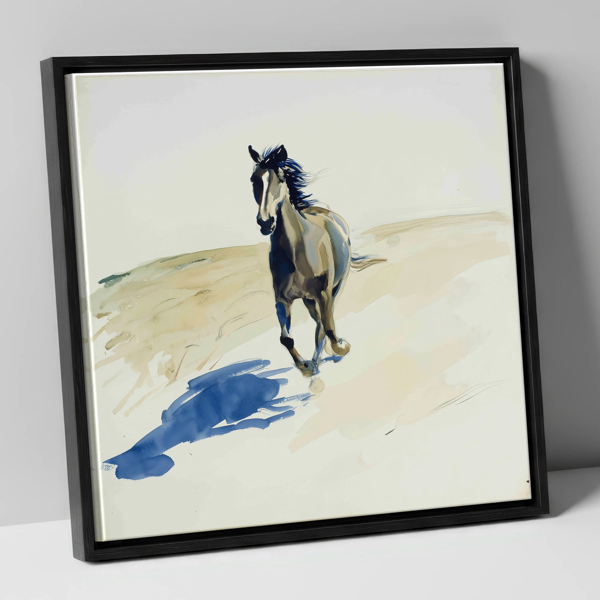 Indigo Shadow Canter wild horses canvas wall art in black frame