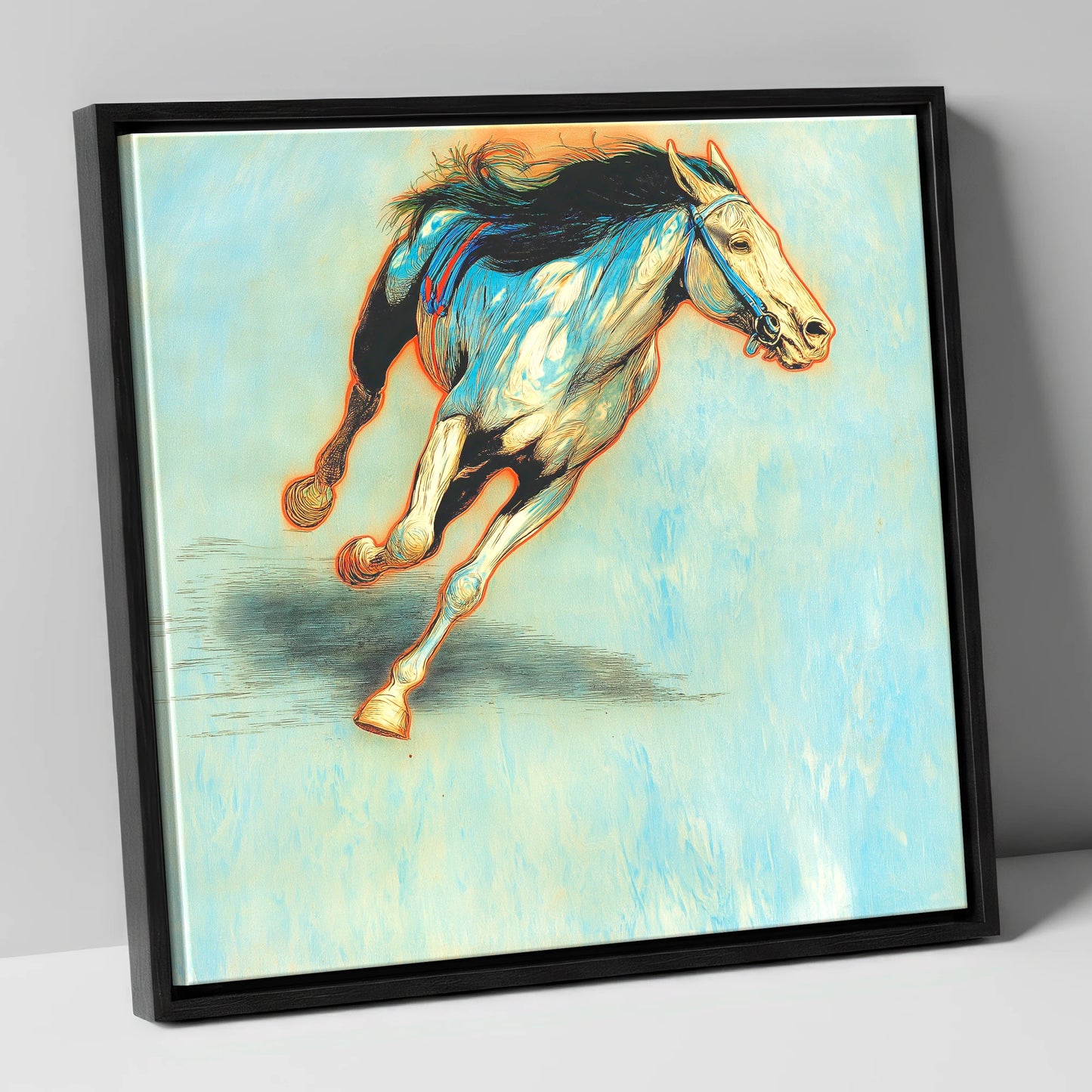 Cerulean Sprint racing horse canvas wall art in black frame