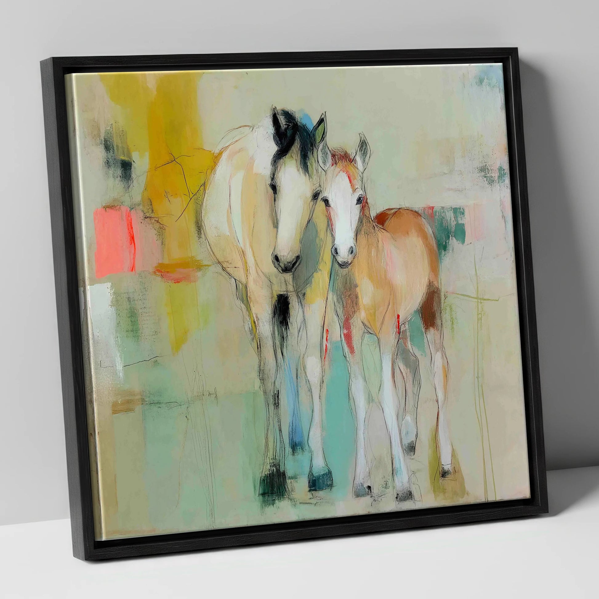 Gentle Nurture mare & foal canvas wall art in black frame