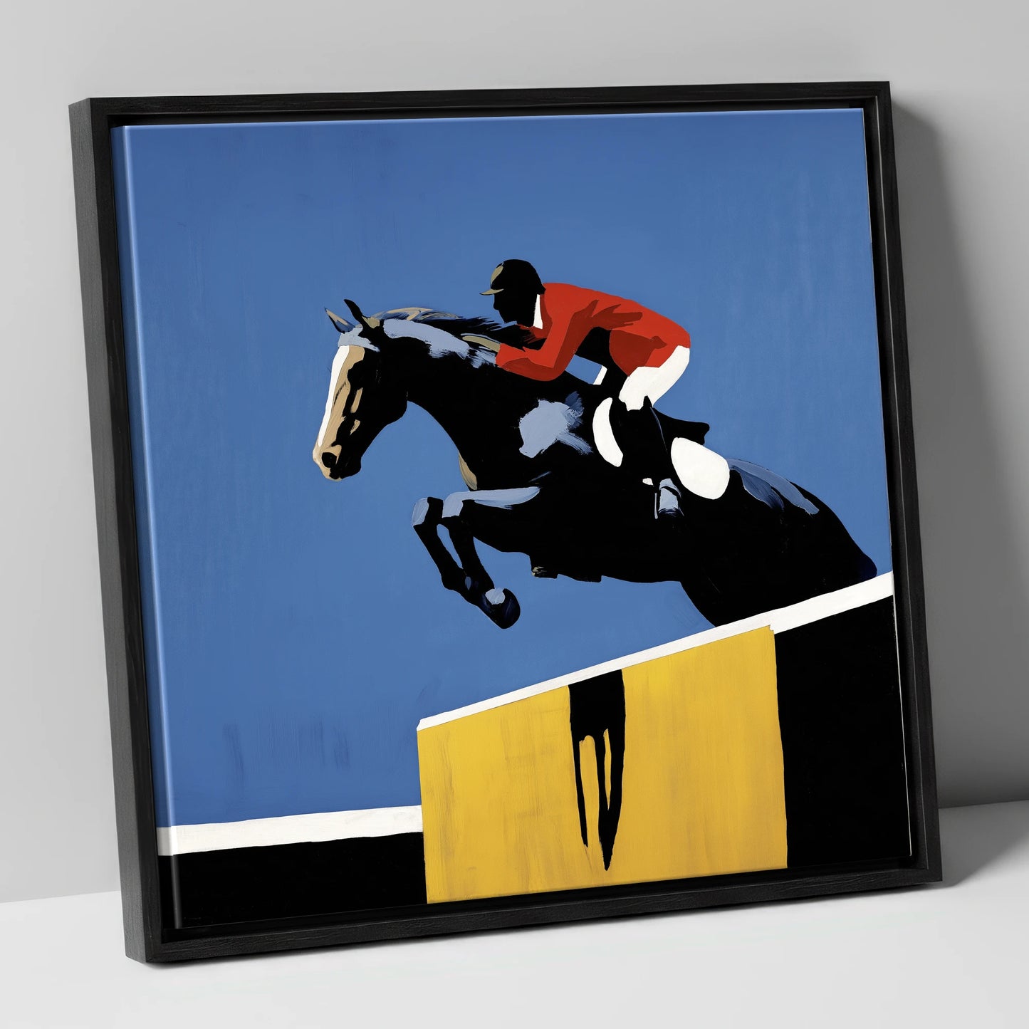 Suspended in Blue show jumping horse canvas wall art in black frame