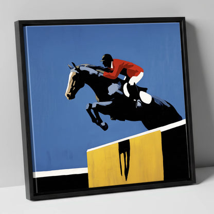 Suspended in Blue show jumping horse canvas wall art in black frame