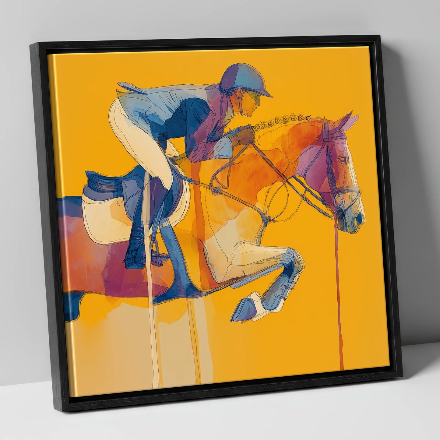 Suspended in Gold show jumping horse canvas wall art in black frame