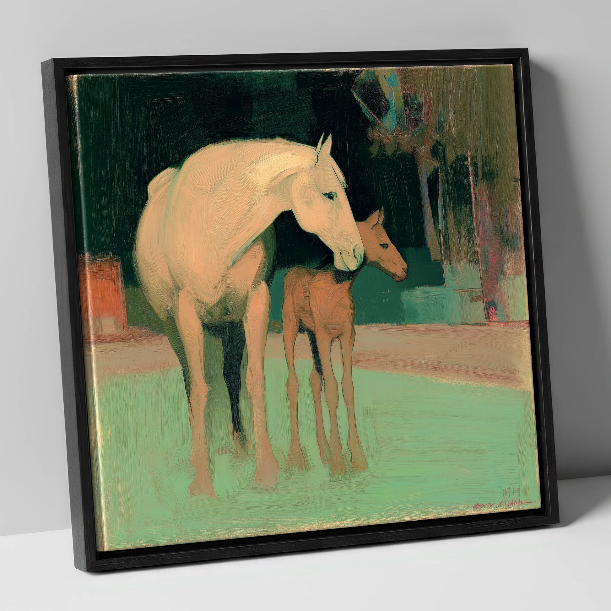 A Quiet Connection mare & foal canvas wall art in black frame