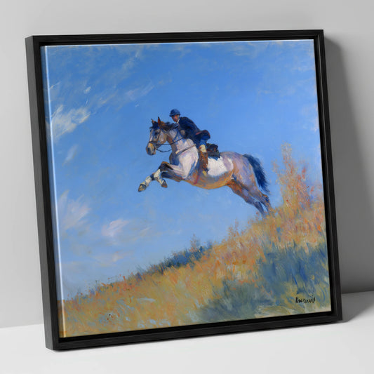Leap Into the Blue show jumping horse canvas wall art in black frame
