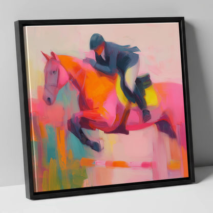 Flight in Vibrant Colour show jumping horse canvas wall art in black frame