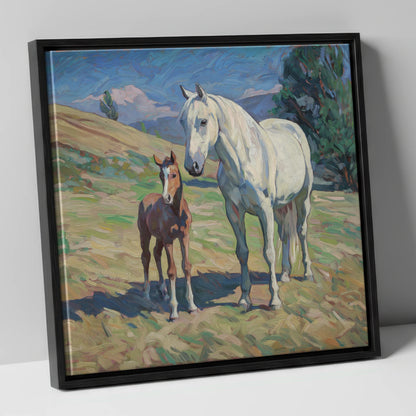 The Gentle Guardian mare & foal canvas wall art in black frame